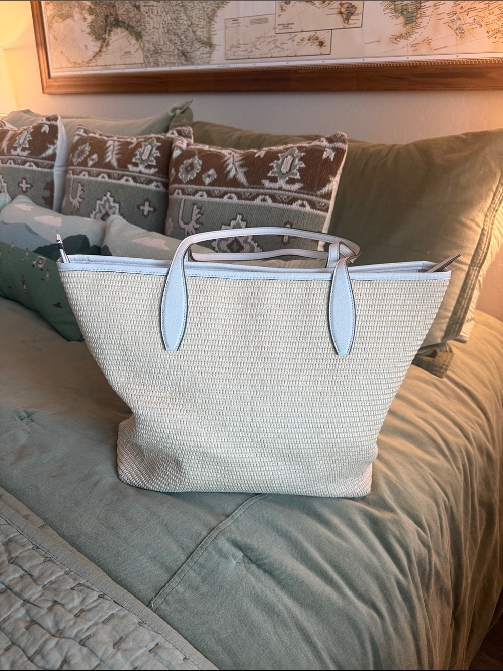 Kate Spade Cream Straw Tote with Yellow Lemon Embroidery and Navy & Pink Accents - Picture 3 of 6
